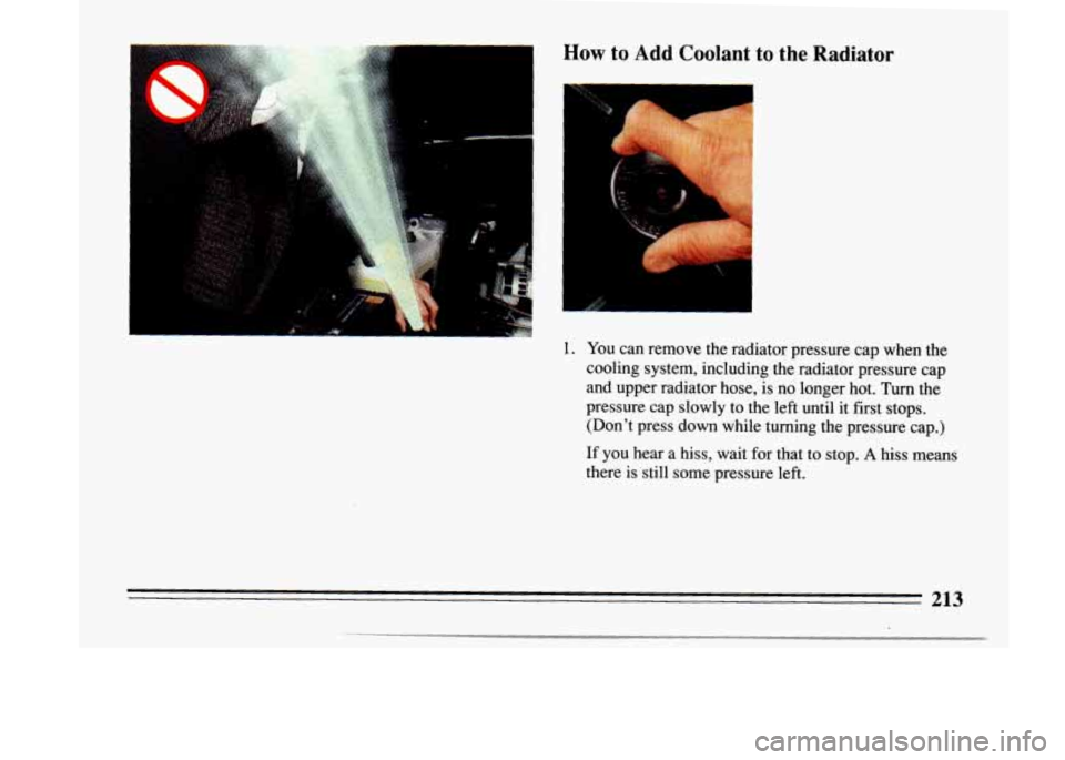 BUICK LESABRE 1993  Owners Manual How to Add  Coolant  to  the  Radiator I 
A@ #, I 
1. You can  remove  the  radiator  pressure  cap  when  the 
cooling  system,  including  the  radiator  pressure  cap 
and  upper  radiator  hose, 