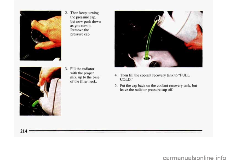 BUICK LESABRE 1993  Owners Manual 2. Then  keep turning 
the  pressure  cap, 
but  now  push  down 
as  you  turn it. 
Remove  the 
pressure  cap. 
I 
3. Fill the radiator 
with the proper 
mix,  up to the  base 
of the filler neck. 
