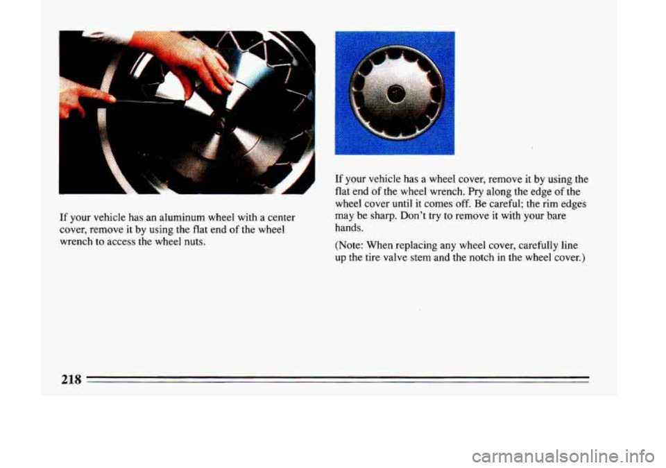 BUICK LESABRE 1993  Owners Manual If your vehicle has  an  aluminum  wheel with a center 
cover,  remove  it  by using  the 
flat end of the wheel 
wrench  to access  the wheel nuts. 
I 
If your vehicle has a wheel cover,  remove it b
