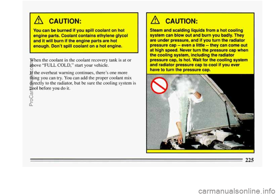 BUICK PARK AVENUE 1993  Owners Manual A CAUTION: A CAUTION: 
You can be burned if you spill cootant on hot 
engine parts. Coolant  contains  ethylene glycol 
and it will burn if the  engine parts are hot 
enough.  Don’t spill coolant on