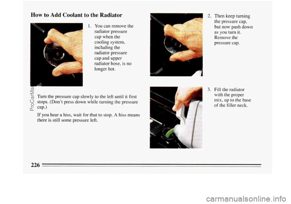 BUICK PARK AVENUE 1993  Owners Manual How to Add Coolant to the  Radiator 
1 1. You can remove the 
radiator pressure  cap  when  the 
cooling  system, 
including the 
radiator pressure 
cap  and  upper 
radiator hose, 
is no 
longer hot.