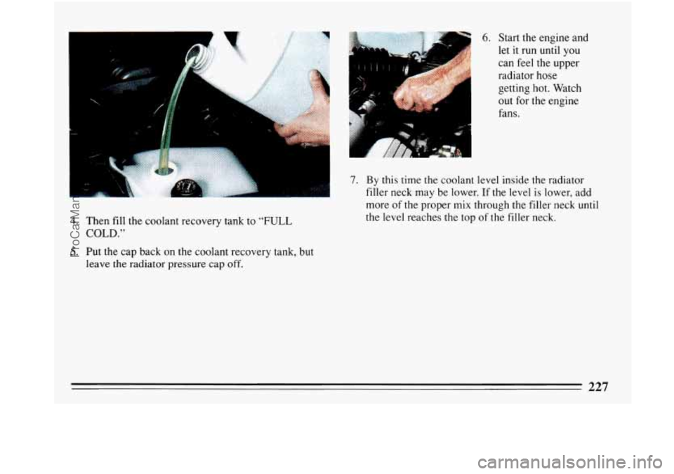BUICK PARK AVENUE 1993  Owners Manual 4. Then fill the  coolant  recovery  tank to “FULL 
COLD.” 
6. Start the engine  and 
let it run until  you 
can feel the upper 
radiator hose 
getting  hot.  Watch 
out  for  the engine 
fans. 
7