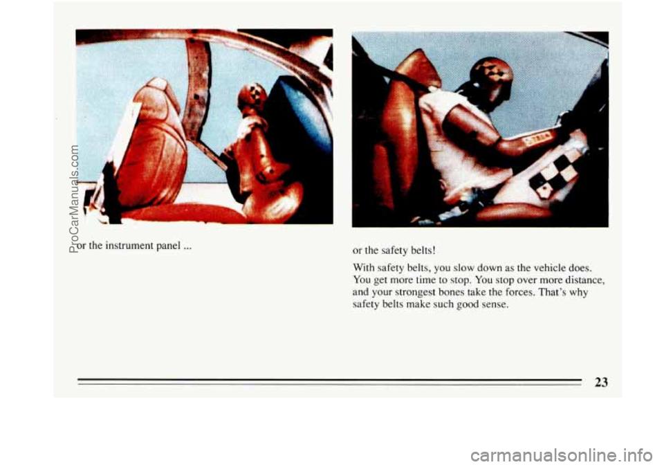 BUICK PARK AVENUE 1993  Owners Manual or the  instrument  panel ... or the safety belts! 
k 
With  safety  belts, you slow down  as the  vehicle  does. 
You get more  time to stop. You stop  over more  distance, 
and your  strongest  bone
