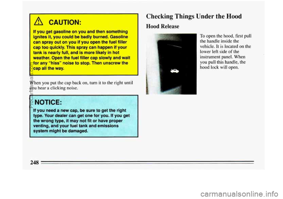 BUICK PARK AVENUE 1993  Owners Manual A CAUTION: 
If you get gasoline on you and then something 
ignites 
it, YOU could be badly burned. Gasoline 
can spray out on you if you open the fuel filler 
cap too quickly. This spray can happen if