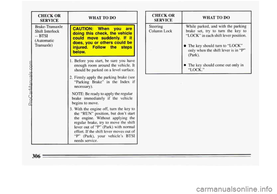 BUICK PARK AVENUE 1993  Owners Manual CHECK  OR SERVICE 
Brake-Transaxle 
Shift  Interlock 
(Automatic 
Transaxle) 
-- BTSI 
WHAT  TO DO 
I‘ 
injured. Follow  the  steps 
below. 
1. Before  you  start, be sure  you have 
enough  room  a