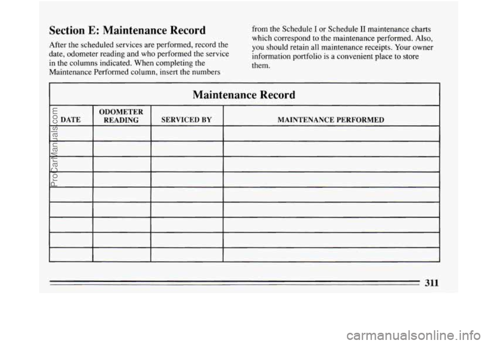BUICK PARK AVENUE 1993  Owners Manual Section E: Maintenance Record 
After the scheduled  services  are performed, record the 
date,  odometer  reading and who performed 
the service 
in  the  columns  indicated.  When completing the 
Mai