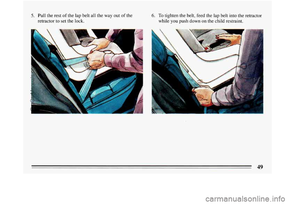 BUICK PARK AVENUE 1993  Owners Manual 5. Pull  the rest of the  lap  belt all  the way  out of the 
retractor  to set the lock. 
? 
6. To tighten the belt,  feed the lap belt into the  retractor 
while 
you push down on the  child restrai