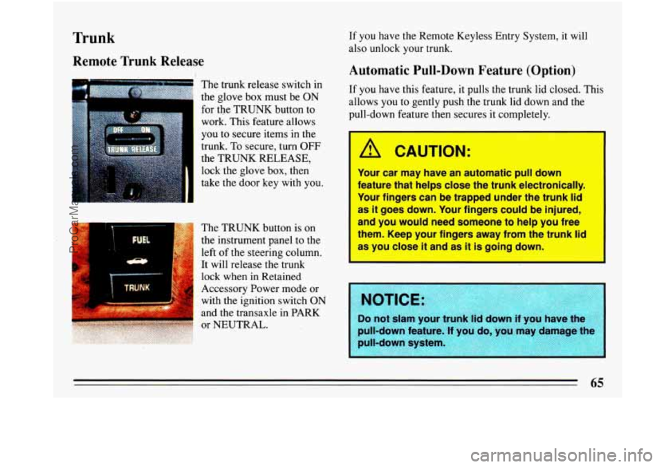 BUICK PARK AVENUE 1993 Owners Manual Trunk
Remote Trunk Release
I
The trunk release switch in
the glove
box must be ON
for the TRUNK button to
work. This feature allows
you
to secure items in the
trunk.
To secure, BUICK PARK AVENUE 1993 Owners Manual Trunk
Remote Trunk Release
I
The trunk release switch in
the glove
box must be ON
for the TRUNK button to
work. This feature allows
you
to secure items in the
trunk.
To secure,
