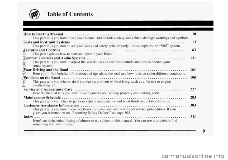 BUICK PARK AVENUE 1994 Owners Manual Table of Contents
How to Use this Manual ................................................................ 10
This part tells you how to use your manual and includes safety and vehicle d BUICK PARK AVENUE 1994 Owners Manual Table of Contents
How to Use this Manual ................................................................ 10
This part tells you how to use your manual and includes safety and vehicle d