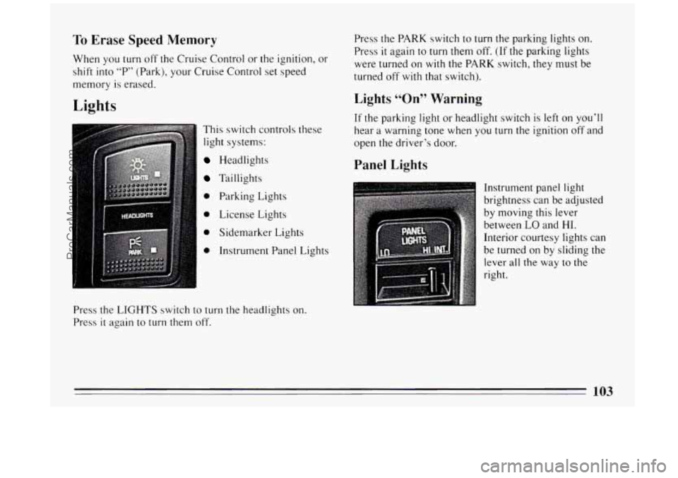 BUICK PARK AVENUE 1994  Owners Manual To Erase  Speed Memory 
When you turn off  the  Cruise Control  or the  ignition, or 
shift into  “P”  (Park),  your Cruise  Control  set speed 
memory  is erased. 
Lights 
This  switch  controls 