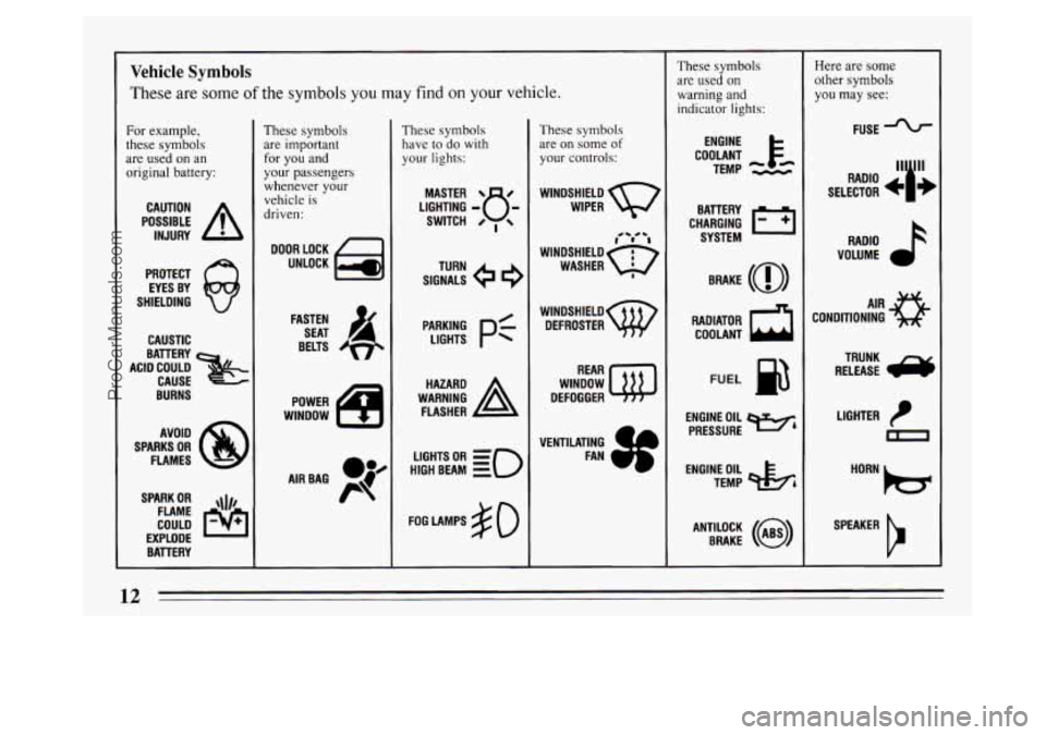 BUICK PARK AVENUE 1994  Owners Manual Vehicle Symbols 
These are  some of the symbols you may find on your vehicle. 
For example, 
these symbols  are  used  on  an 
original battery: 
POSSIBLE A 
CAUTION 
INJURY 
PROTECT  EYES  BY 
SHIELD