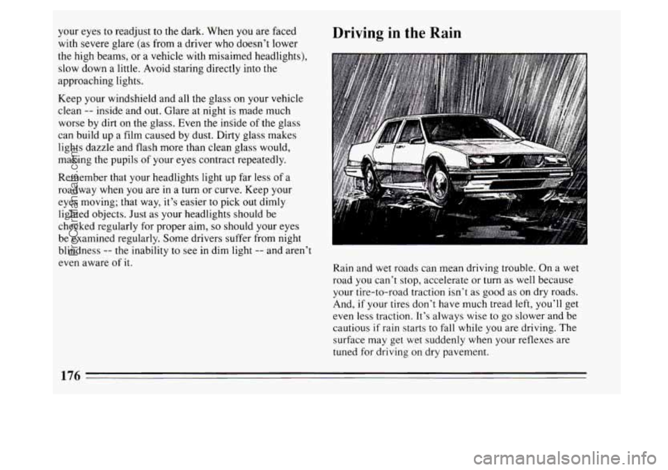 BUICK PARK AVENUE 1994  Owners Manual your eyes  to  readjust  to the  dark. When you are  faced 
with  severe  glare (as from  a driver who doesn’t lower 
the  high  beams,  or  a vehicle  with misaimed headlights), 
slow down  a littl