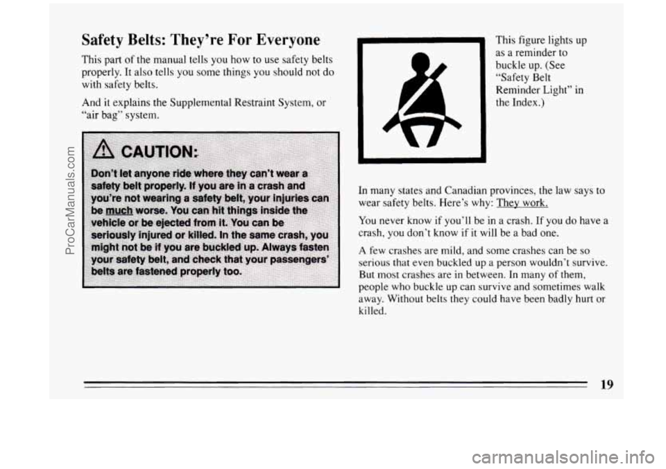BUICK PARK AVENUE 1994  Owners Manual Safety Belts: They’re For Everyone 
This part of the manual tells  you how  to  use  safety belts 
properly. It  also tells 
you some  things  you should not do 
with  safety  belts. 
And  it explai