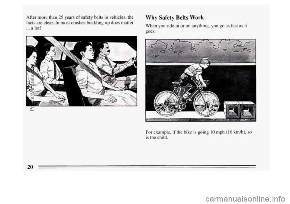 BUICK PARK AVENUE 1994  Owners Manual After more than 25 years of safety belts in vehicles, the 
facts  are clear. In most crashes buckling up does  matter 
... a lot! 
Why Safety Belts Work 
When you ride in or on anything, you go as fas