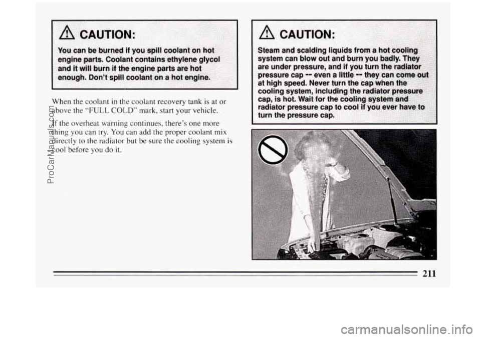 BUICK PARK AVENUE 1994  Owners Manual When the coolant in the coolant  recovery  tank  is  at or 
above  the 
“FULL COLD” mark, start your vehicle. 
If the overheat  warning  continues, there’s one more 
thing  you can try. 
You can