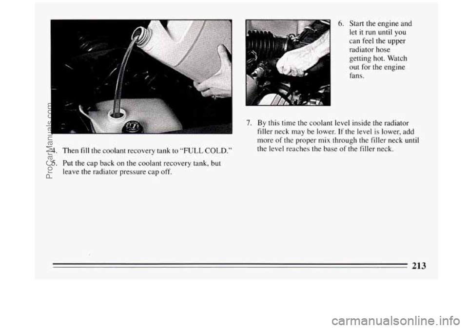 BUICK PARK AVENUE 1994  Owners Manual 4. Then fill the  coolant  recovery tank  to “FULL COLD.” 
5. Put the cap  back  on the  coolant  recovery  tank, but 
leave  the radiator  pressure  cap  off. 
6. Start the engine and 
let  it  r