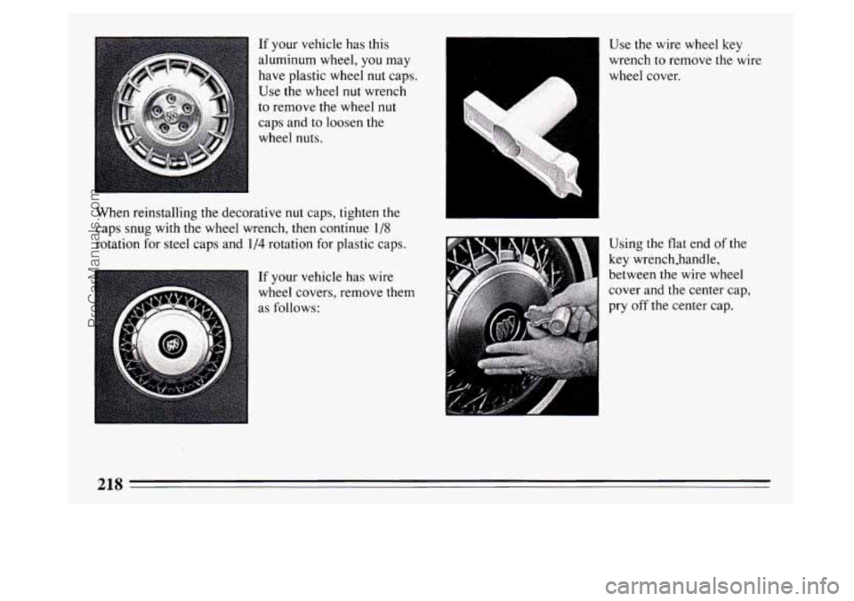 BUICK PARK AVENUE 1994  Owners Manual If  your vehicle has this 
aluminum wheel,  you may 
have plastic  wheel 
nut caps. 
Use  the  wheel 
nut wrench 
to  remove the  wheel nut 
caps and 
to loosen the 
wheel nuts. 
When reinstalling the
