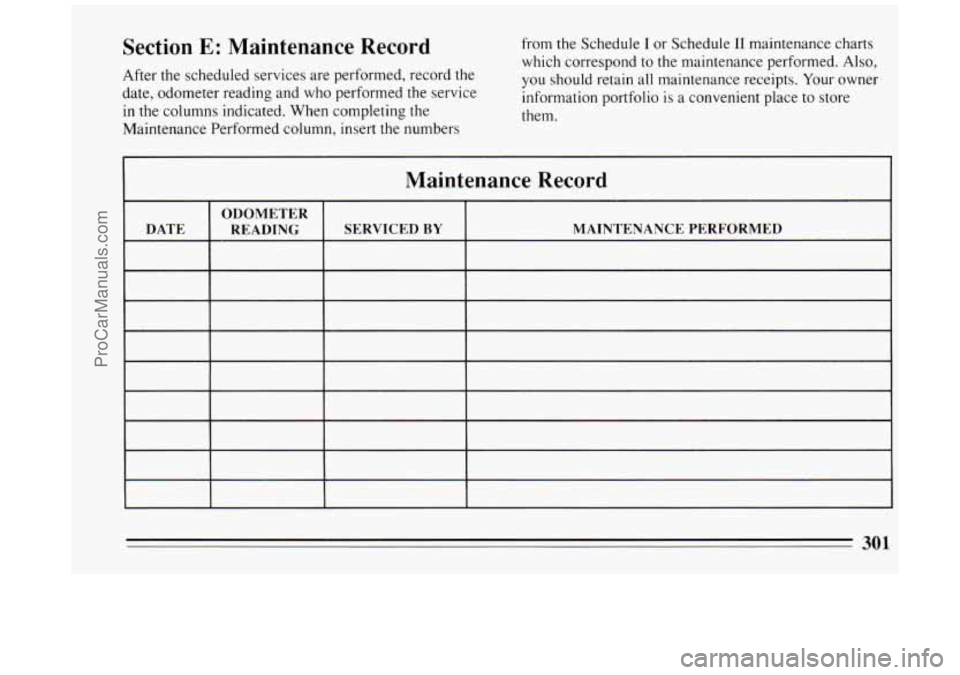 BUICK PARK AVENUE 1994  Owners Manual Section E: Maintenance Record 
After the scheduled  services  are performed, record the 
date,  odometer  reading  and who performed the  service 
in 
the columns  indicated.  When completing  the 
Ma