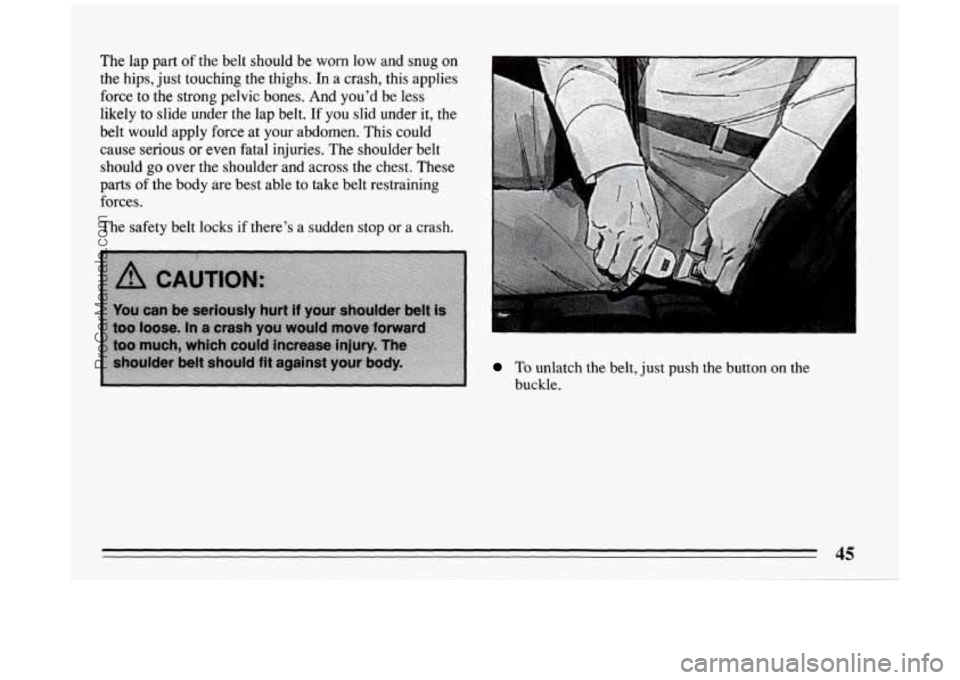 BUICK PARK AVENUE 1994  Owners Manual The  lap part of the  belt  should  be worn low and  snug  on 
the  hips,  just touching  the  thighs. 
In a  crash,  this applies 
force  to the  strong  pelvic bones. And you’d be less 
likely  to