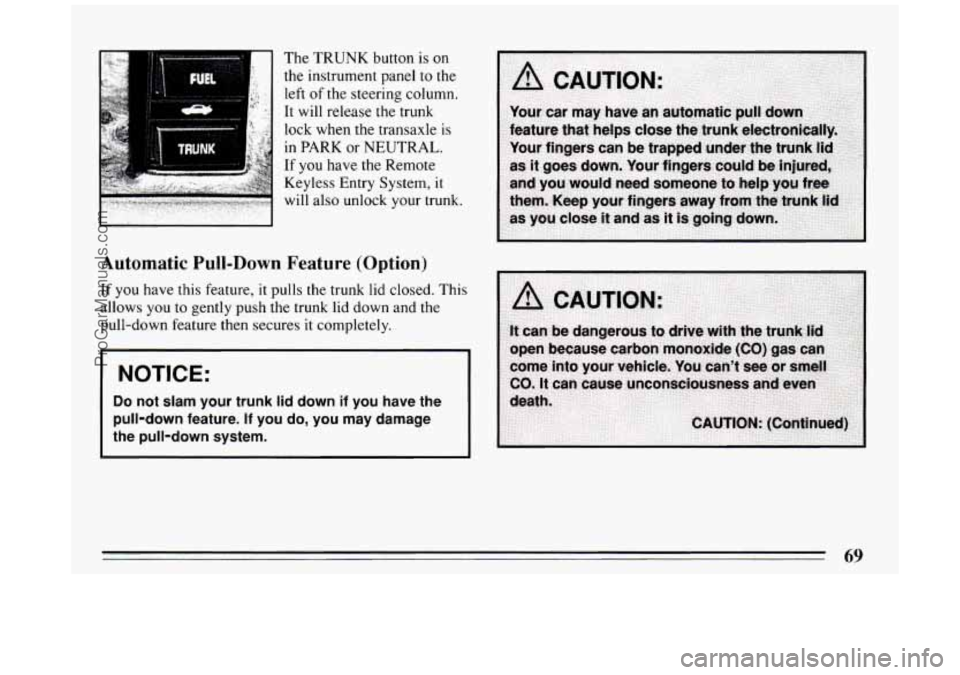 BUICK PARK AVENUE 1994  Owners Manual :. .. The TRUNK  button is on 
Automatic Pull-Down  Feature (Option) 
If you have this feature, it pulls  the  trunk  lid closed.  This 
allows  you 
to gently push  the trunk  lid  down and the 
pull