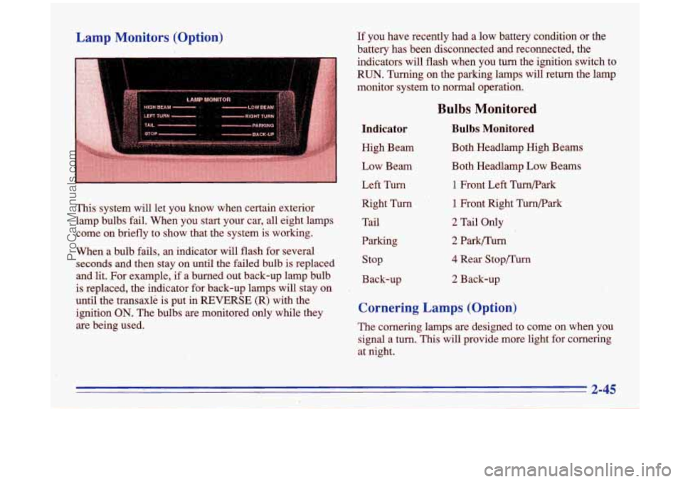 BUICK PARK AVENUE 1996  Owners Manual Lamp  Monitors  (Option) 
This system will let you know when certain exterior 
lamp bulbs fad. When  you start your car, all eight  lamps 
come 
on briefly  to show  thatthe  system  is  working. 
Wh