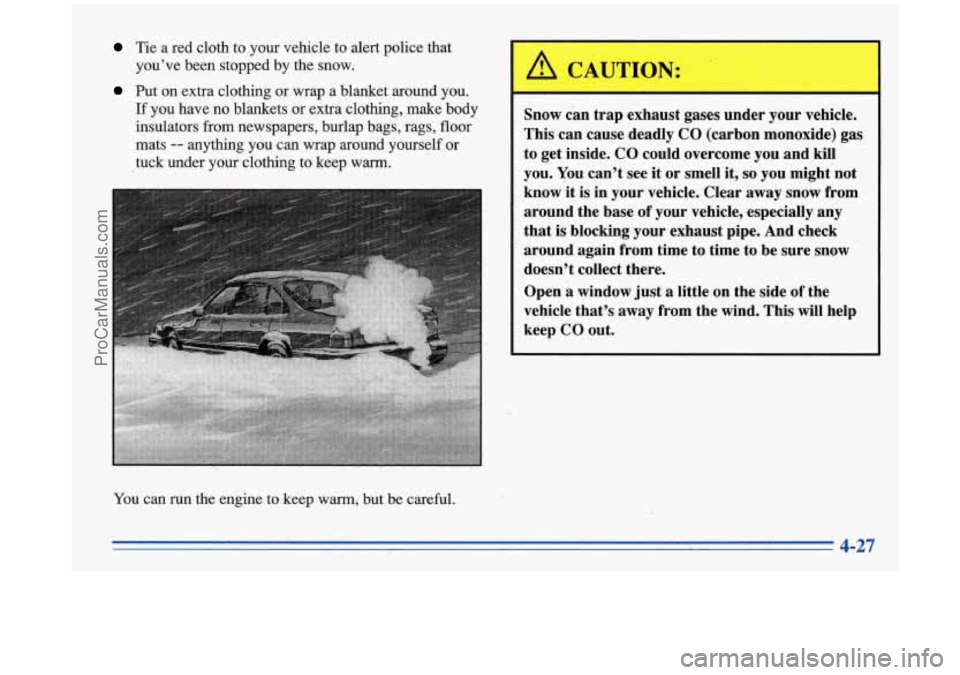 BUICK PARK AVENUE 1996  Owners Manual Tie a red  cloth  to your  vehicle  to alert police that 
you’ve  been stopped  by the  snow. 
Put  on extra  clothing  or wrap  a  blanket  around you. 
If  you have no  blankets 
or extra clothing