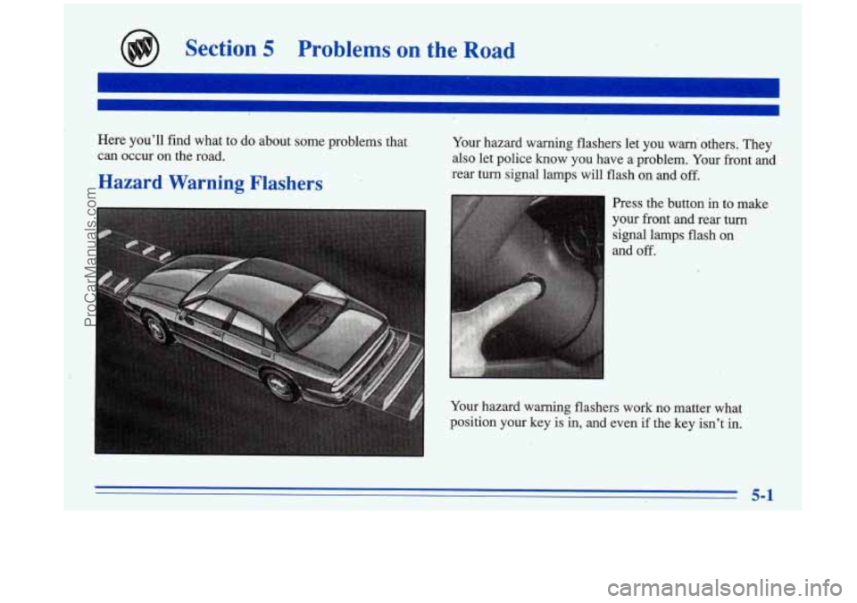 BUICK PARK AVENUE 1996  Owners Manual Section 5 Problems  on  the Road 
Here you’ll find what to do about some  problems that 
can  occur  on  the  road. 
Hazard 
Warning  ,Flashers 
Your hazard warning flashers let you warn’  others.