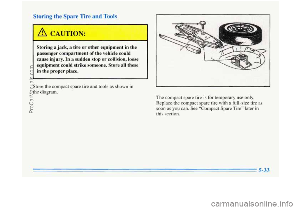 BUICK PARK AVENUE 1996  Owners Manual Storing the Spare  Tire and Tools 
Storing a jack, a tire  or  other  equipment  in  the 
passenger  compartment 
of the  vehicle  could 
cause  injury.  In 
a sudden  stop  or  collision,  loose 
equ