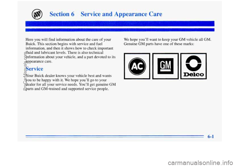 BUICK PARK AVENUE 1996  Owners Manual Section 6 Service and Appearance Care 
Here you will find  information about the care  of your 
Buick. This section begins  with service and  fuel 
information,  and then it shows  how  to check impor