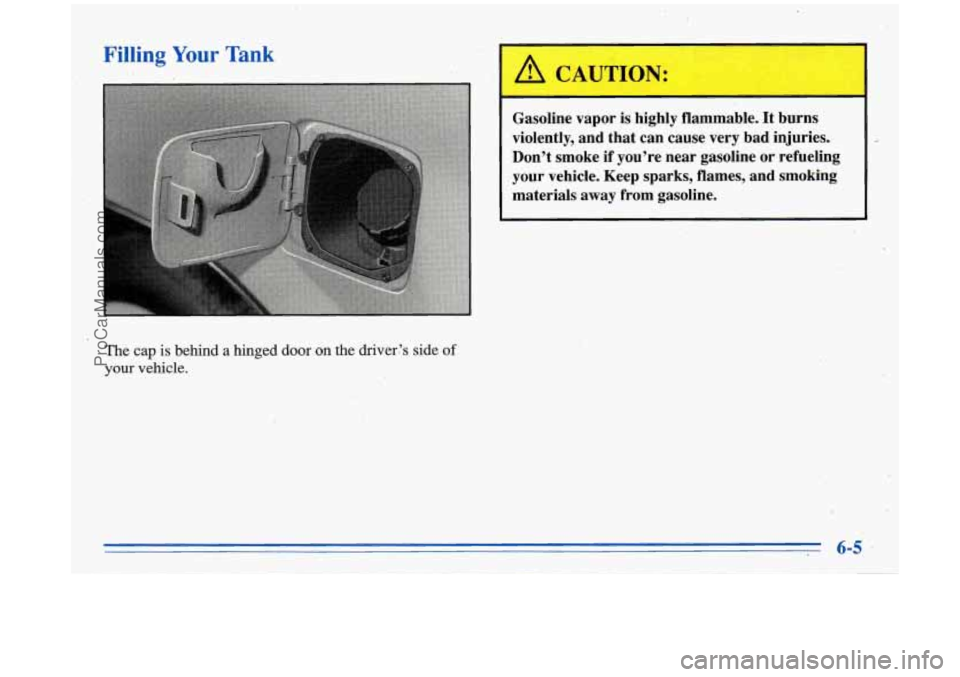BUICK PARK AVENUE 1996  Owners Manual Filling Your Tank 
/A CAUTION: 
Gasol-ine  vapor is highly  flammable.  It  burns 
violently,  and  that  can  cause  very  bad  injuries.. 
Don’t  smoke  if  you’re  near  gasoline 
or refueling 