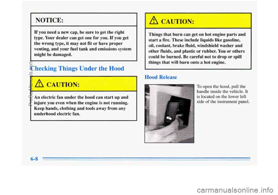 BUICK PARK AVENUE 1996  Owners Manual NOTICE: 
If you need a new  cap,  be  sure  to  get the  right 
type.  Your  dealer  can  get  one for 
you. If you get 
the  wrong  type,  it may  not  fit  or have  proper 
venting,  and  your  fuel
