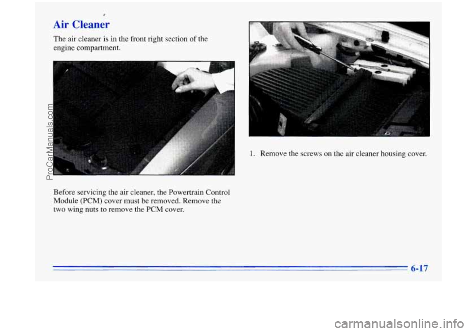 BUICK PARK AVENUE 1996  Owners Manual 4 
Air Cleaner 
The air cleaner  is in  the  front  right section of the 
engine compartment. 
1. Remove  the  screws on the air cleaner  housing  cover. 
Before servicing  the air cleaner,  the Power