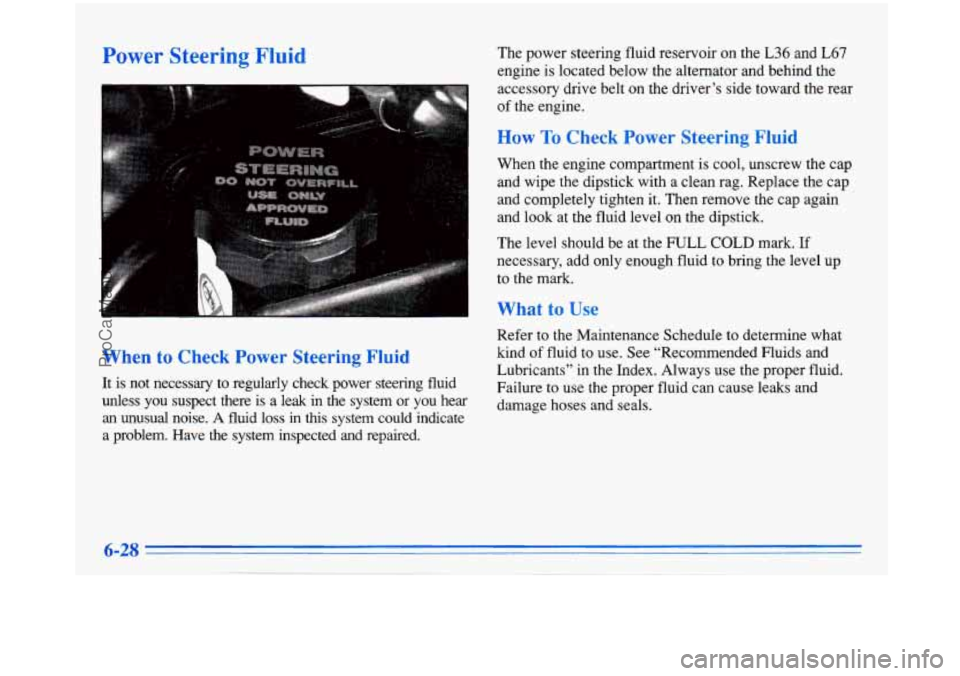 BUICK PARK AVENUE 1996  Owners Manual Power Steering Fluid 
When to Check  Power  Steering Fluid 
It  is  not  necessary  to  regularly  check  power  steering  fluid 
unless  you  suspect  there 
is a  leak in the  system  or  you  hear 
