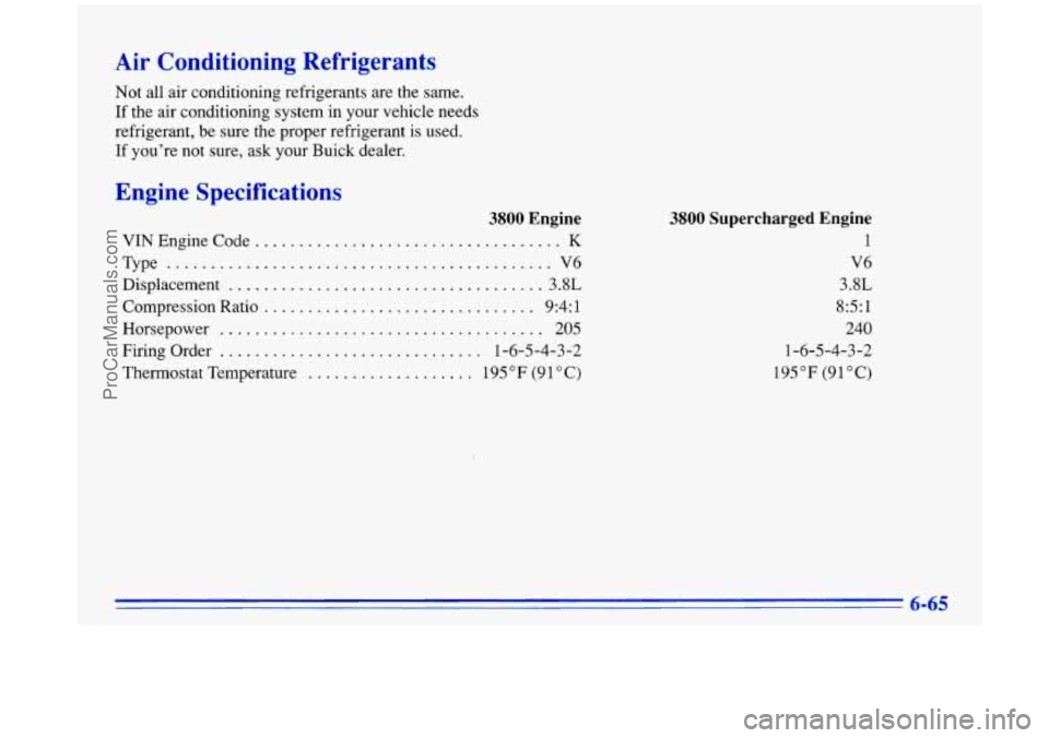 BUICK PARK AVENUE 1996  Owners Manual Air  Conditioning Refrigerants 
Not  all  air conditioning  refrigerants are the same. 
If  the  air conditioning  system in your vehicle needs 
refrigerant,  be sure  the proper refrigerant  is used.