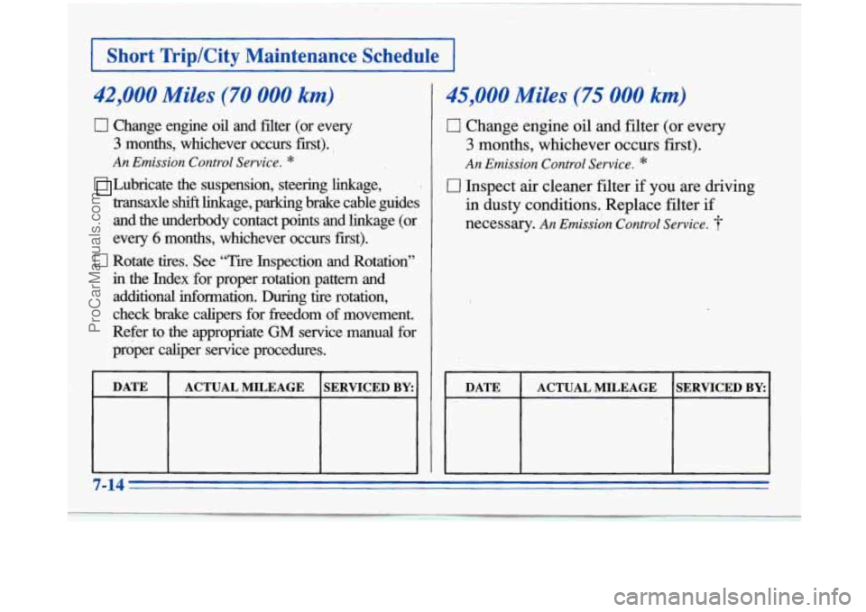 BUICK PARK AVENUE 1996  Owners Manual ,‘ 
0 Change’engine oil and  filter  (or  every 
3 months,  whichever  occurs  first). 
An Emission Control Service. 
transaxle shift linkage,  parking  brake  cable  guides 
and  the  underbody  