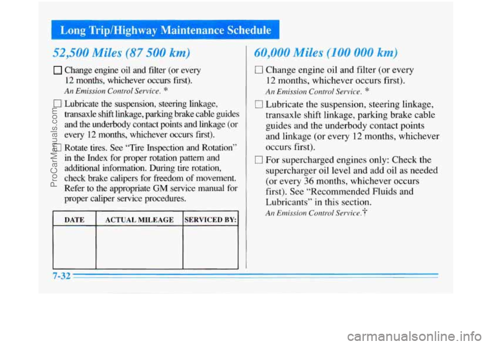 BUICK PARK AVENUE 1996  Owners Manual Long  TriplHighway  Maintenance  Schedule I 
52,500 Miles (87 500 km) 
Change  engine  oil  and  filter  (or  every 
12 months,  whichever  occurs  first). 
An Emission Control Service. 8 
0 Lubricate