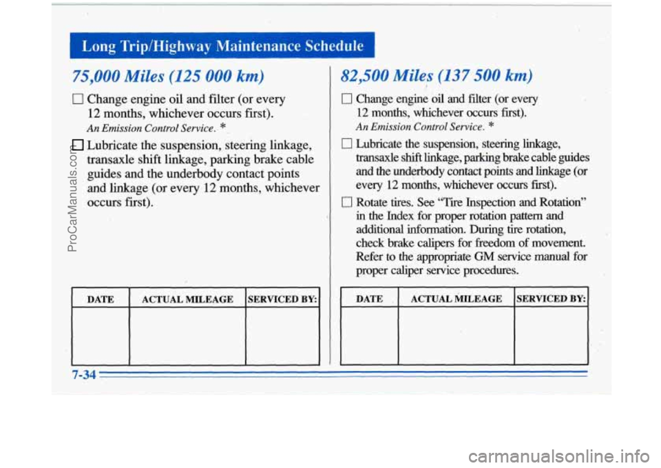 BUICK PARK AVENUE 1996  Owners Manual Long  Trip/Highway  Maintenance  Schedule 1 
75,OOO..Miles (125 000 km) 
0 Change,engine oil and filter (or every 
12 months, whichever occurs first). 
An Emission Control Service. * 
Lubricate the su
