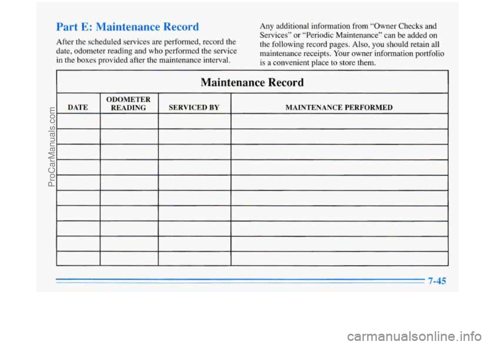 BUICK PARK AVENUE 1996  Owners Manual Part E: Maintenance Record 
After the scheduled services are performed,  record  the 
date,  odometer  reading and who performed  the service 
in  the  boxes  provided  after the maintenance interval.