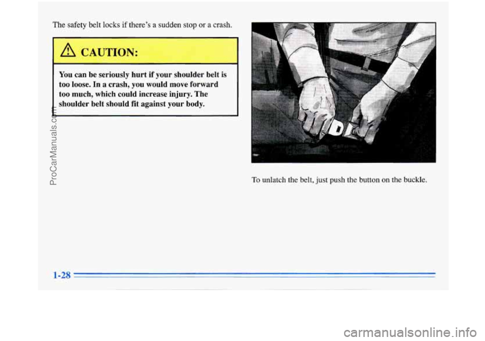BUICK PARK AVENUE 1996  Owners Manual The safety  belt locks if there’s  a  sudden  stop or a crash. 
You can be  seriously  hurt  if  your  shoulder  belt  is 
too 
loose. In  a crash, you would  move  forward 
too  much,  which  could