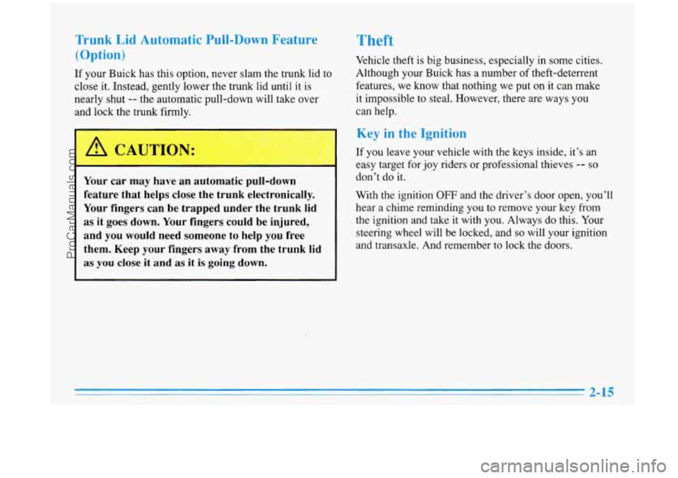 BUICK PARK AVENUE 1996 Owners Manual Trunk Lid Automatic Pull-Down Feature
(Option)
If your Buick has this option, never slam the trunk lid to
close it. Instead, gently lower the trunk lid until it is
nearly shut -- the automat BUICK PARK AVENUE 1996 Owners Manual Trunk Lid Automatic Pull-Down Feature
(Option)
If your Buick has this option, never slam the trunk lid to
close it. Instead, gently lower the trunk lid until it is
nearly shut -- the automat