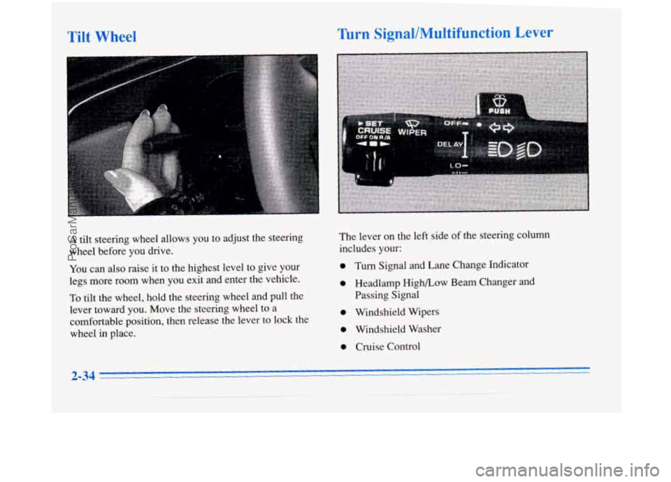 BUICK PARK AVENUE 1996  Owners Manual ion ever 
The lever on the left side of the steering  column 
includes  your: 
a Turn Signal and Lane  Change  Indicator 
a Headlamp High/Low Beam Changer and 
Passing Signal 
a Windshield  Wipers 
a 