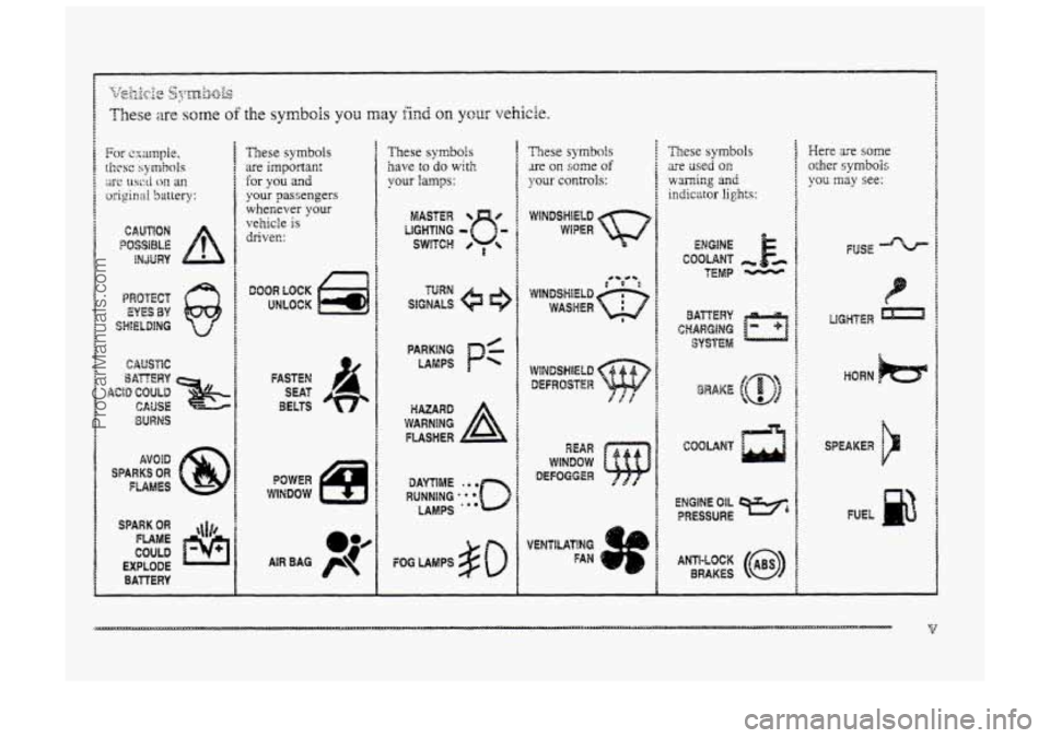 BUICK PARK AVENUE 1998  Owners Manual CAUSPlC 
BURNS 
SPARK OR ql!, 
COULD 
FUME 
EXPLODE 
BATTERY 
I F 
1 : 
f 
I 
1 
These symbols 
are important 
for you and 
your passengers  whenever your 
vehicle 
is 
driver.: 
DOOR LOCK 
UNLOCK 
PO