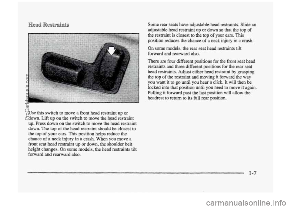 BUICK PARK AVENUE 1998 Owners Manual Use this switch to move a front head restraint up or
down.
Lift up on the switch to move the head restraint
up. Press down on the switch to move the
%led restraint
down. The top o BUICK PARK AVENUE 1998 Owners Manual Use this switch to move a front head restraint up or
down.
Lift up on the switch to move the head restraint
up. Press down on the switch to move the
%led restraint
down. The top o