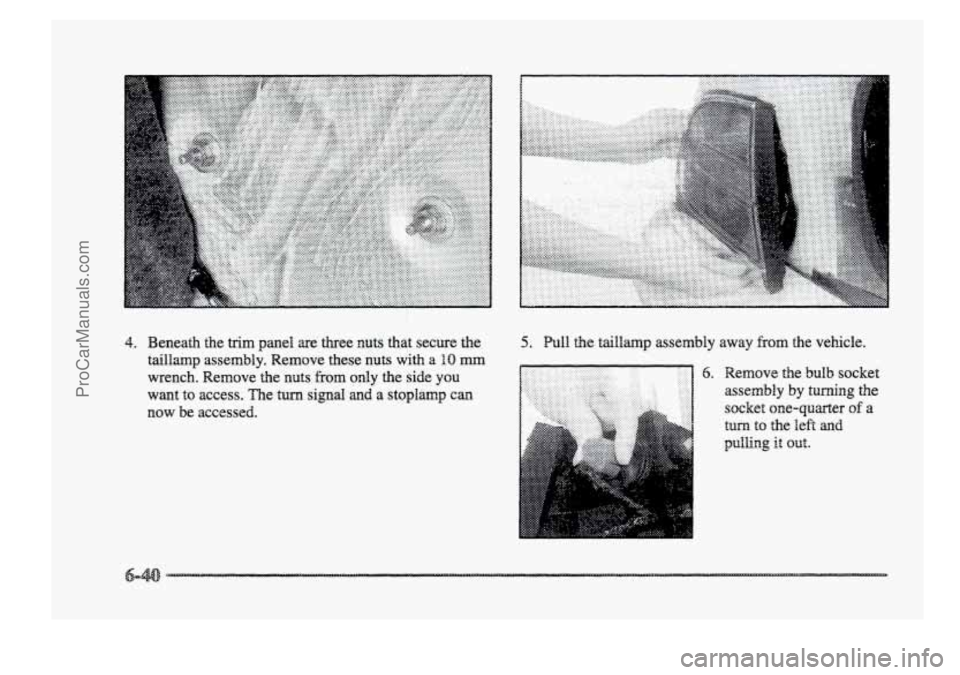 BUICK PARK AVENUE 1998  Owners Manual 4. Beneath  the trim panel  are  three nuts that secure  the 
taillamp  assembly.  Remove  these  nuts  with 
a BO mm 
wrench.  Remove  the  nuts from only the side  you 
want 
to access.  The turn si
