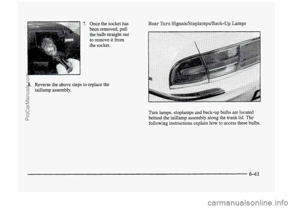 BUICK PARK AVENUE 1998  Owners Manual 7. Once  the  socket  has 
been  removed, 
pull 
the bulb straight out 
to  remove 
it from 
the  socket. 
8. Reverse  the  above  steps to replace  the 
taiUamp  assembly. 
Turn 
lamps, stoplamps and