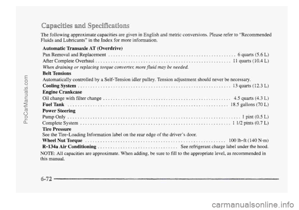 BUICK PARK AVENUE 1998  Owners Manual The following approximate capacities are  given  in English and metric conversions. Please refer to “Recommended 
Fluids and Lubricants”  in the Index for more information. 
Automatic  Transaxle  