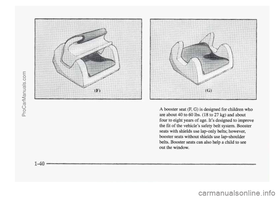 BUICK PARK AVENUE 1998  Owners Manual .:~~~:.:.:.~~:.:.:.~:~.. ................ . ............._. ............ 
A booster  seat (F, G) is designed  for  children  who 
are  about 
40 to 6Q Ibs. (18 to 27 kg) md about 
four  to  eight  yea