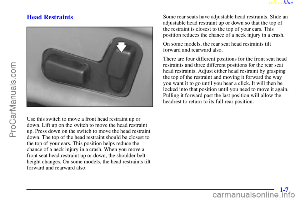 BUICK PARK AVENUE 1999  Owners Manual yellowblue     
1-7 Head Restraints
Use this switch to move a front head restraint up or
down. Lift up on the switch to move the head restraint
up. Press down on the switch to move the head restraint
