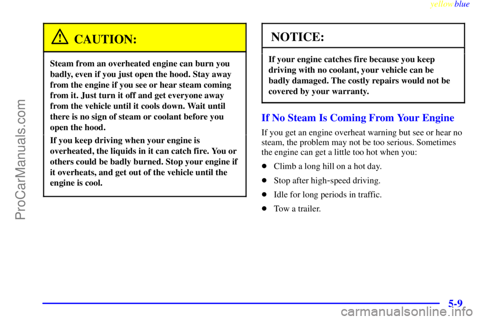 BUICK PARK AVENUE 1999 Owners Manual yellowblue
5-9
CAUTION:
Steam from an overheated engine can burn you
badly, even if you just open the hood. Stay away
from the engine if you see or hear steam coming
from it. Just turn it off and BUICK PARK AVENUE 1999 Owners Manual yellowblue
5-9
CAUTION:
Steam from an overheated engine can burn you
badly, even if you just open the hood. Stay away
from the engine if you see or hear steam coming
from it. Just turn it off and