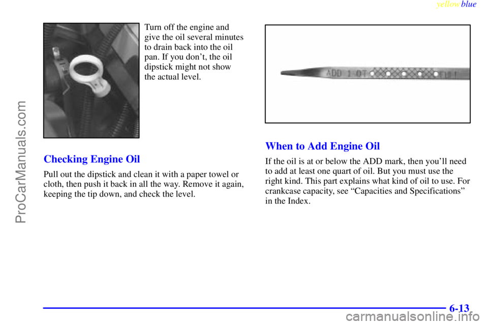 BUICK PARK AVENUE 1999  Owners Manual yellowblue     
6-13
Turn off the engine and 
give the oil several minutes
to drain back into the oil
pan. If you dont, the oil
dipstick might not show 
the actual level.
Checking Engine Oil
Pull out